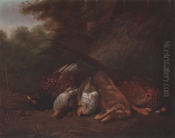 Pheasants, Partridges And A Hare On A Bank In A Landscape - view 1