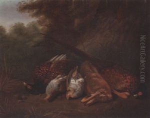 Pheasants, Partridges And A Hare On A Bank In A Landscape by Stephen Elmer
