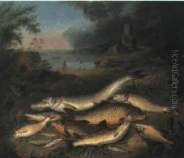 A Still Life Of Fish, With Fishermen In A Lake Landscape Beyond - view 1