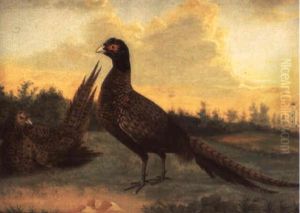 A Cock And Hen Pheasant In A Landscape by Stephen Elmer