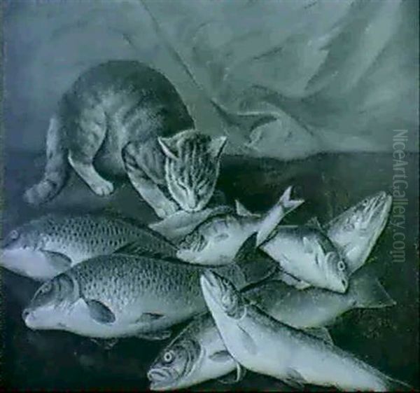 A Cat With Trout, Perch And Carp On A Ledge - view 1