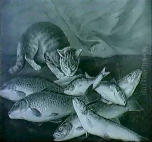 A Cat With Trout, Perch And Carp On A Ledge by Stephen Elmer