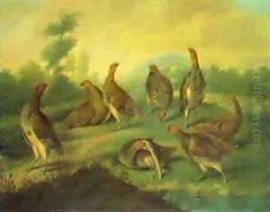 A Covey Of Partridges In An Extensive Wooded Landscape,     With A House Beyond