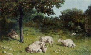 Sheep Resting Under The Apple Tree by Charles-Edouard Elmerich