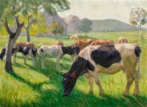 Fleckvieh Auf Weide (mit Schlagschatten) by Franz Jakob Elmiger