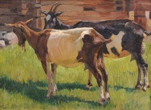 Zwei Ziegen Vor Dem Stall by Franz Jakob Elmiger