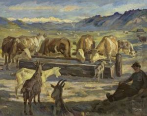 Kuhe An Der Tranke by Franz Jakob Elmiger