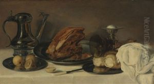 Still Life With A Pewter Jug, A Ham On A Pewter Plate, Lemons, Bread, A Gilt Mounted Roemer And Other Objects On Table Covered In A White Cloth by Franchoys Elout