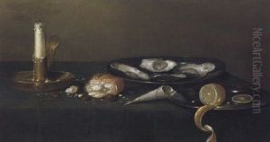 Stilleben Mit Austern Und Einer Zitrone Auf Zinntellern, Mit Oliven, Brotchen Und Kerzenhalter by Franchoys Elout