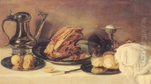 Still Life With A Pewter Jug, A Ham On A Pewter Plate, Lemons, Bread, A Gilt Mounted Roemer And A Salt On A Table by Franchoys Elout