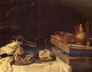 Still Life Of A Box Of Draughts, A Clay Brazier Of Burning Coals, An Earthenware Jug, A Clay Pipe, Bread And A Pewter Jug by Franchoys Elout