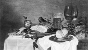 Still Life Of Ham, Strawberries, Grapes And A Roemer All    Upon A Ledge