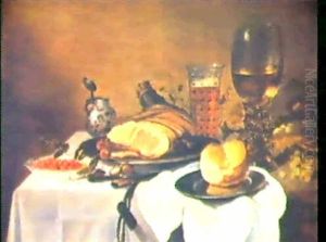 Still Life Of Ham Strawberrries, Grapes And A Roemer