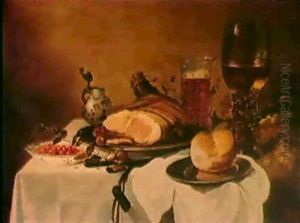 Nature Morte Au Jambon, Assiette De                         Framboise, Raisins Et Roemer Sur Un Entablement