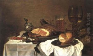 Nature Morte Au Plat De Jambon, Asiette De Framboises,      Raisins Et Roemer Sur Un Entablement
