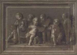 An Allegory Of Art: Putti Disporting With A Portrait Of The Artist by Louis Aernoutz Elsevier