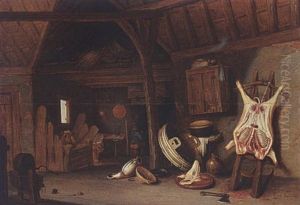 A Barn Interior With A Pig's Carcase