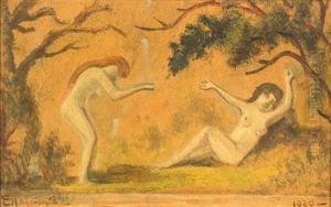 Two Nudes In A Landscape by Louis Michel Elshemius