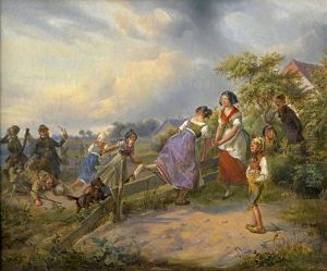 Die Verungluckte Jagd (dorfmadchen Bringen Sich Vor Einer Gruppe Sonntagsjager In Sicherheit) by Ludwig Elsholtz