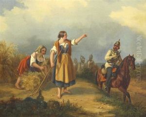 Landmadchen Bei Der Kornernte Von Einem Vorbeiziehenden Preussischen Kavalleristen In Der Arbeit Unterbrochen by Ludwig Elsholtz