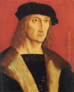 Portrait Of A Man Wearing A Fur-lined Coat, A Gold Chain And A Black Beret, Before A Red Background