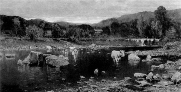 Cattle And Figures Fording A River - view 1