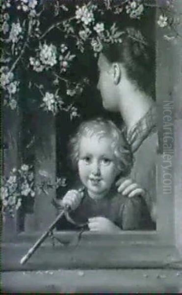 Mutter Und Kind Mit Holzpfeifchen Am Offenen Fenster, In Dasbluhende Obstbaumzweige Ragen - view 1