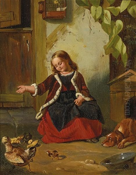 Kleines Madchen Futtert Die Huhnerkuken Vor Dem Stall - view 1