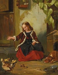 Kleines Madchen Futtert Die Huhnerkuken Vor Dem Stall by Emilie von der Embde