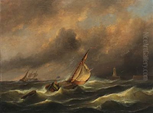 A Dutch Sailing Boat In Rough Sea Outside Port - view 1