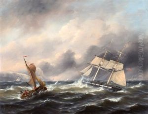 Tweemaster En Vissersboot Voor Engelse Rotskust by Govert Van Emmerik