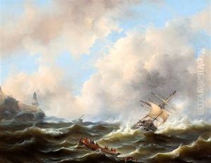 Schepen Op Woeste Zee Voor Een Rotskust Schepen Op Woeste Zee Voor Een Rotskust