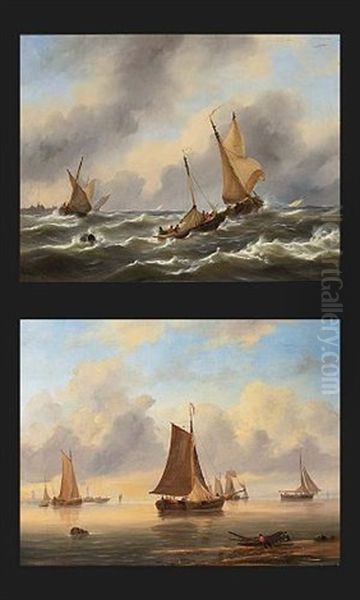 Sailing Vessels On A Choppy Sea (+ Shipping In A Calm At Sunset; Pair) - view 1