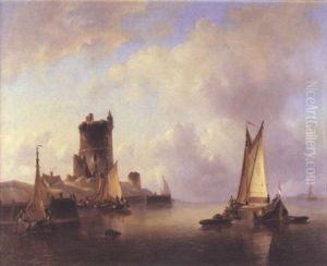 Dutch Fishing Vessels In A Calm Beside A Harbour by Govert Van Emmerik