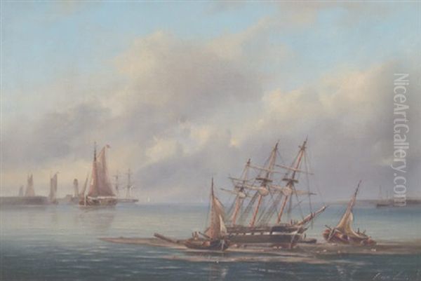 Sejlskibe Ud For Et Havneindlob, I Forgrunden Strandet Tremaster - view 1