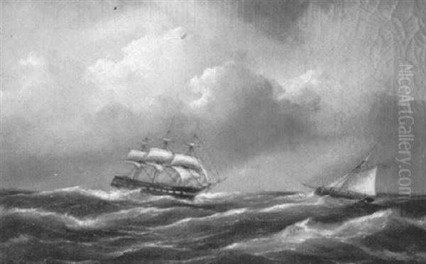 Vollschiff Und Fischerboot In Sturmischer See - view 1