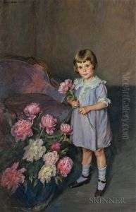 Portrait Of A Child Arranging Peonies by Lydia Field Emmet