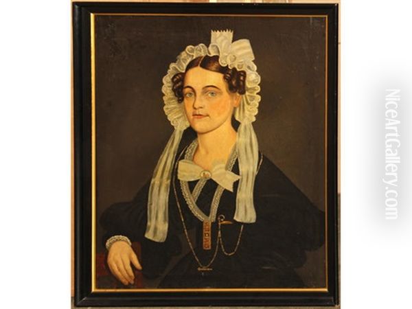 A Portrait Of A Woman Wearing A Lace Bonnet With Bow - view 1