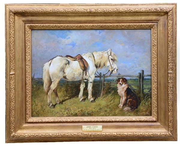Saddled Grey Pony And A Seated Collie By A Gate - view 1