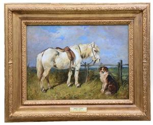 Saddled Grey Pony And A Seated Collie By A Gate