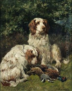 Two Clumber Spaniels With Game In A Landscape by John Emms