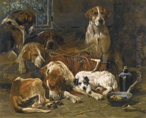 New Forest Buckhounds And A Terrier In Their Lodges After The Hunt by John Emms