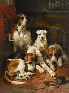 Hounds And A Terrier In A Kennel by John Emms