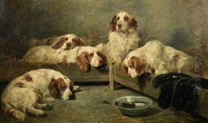 An Unexpected Visitor - Clumber Spaniels In A Kennel by John Emms
