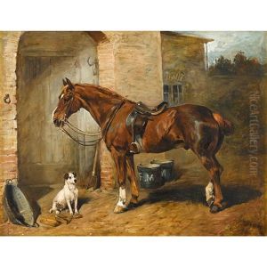 Hunter In Stable Yard With Terrier by John Emms