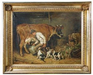 Stealing The Milk, With Hound Puppies, A Milkman And Cow