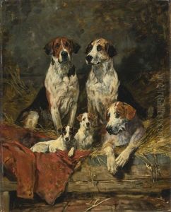 Four Foxhounds And A Terrier by John Emms