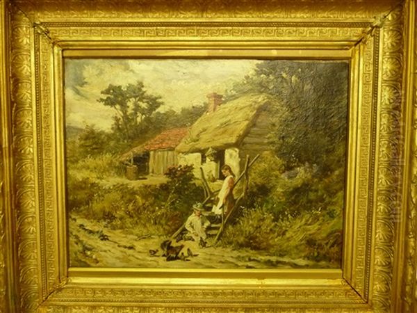 Two Children Feeding Chickens Beside A Thatched Cottage - view 1