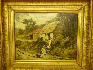 Two Children Feeding Chickens Beside A Thatched Cottage by John Emms