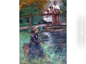 Boy Fishing By A River With Two Women Looking On From A Wooden Bridge Boy Fishing By A River With Two Women Looking On From A Wooden Bridge